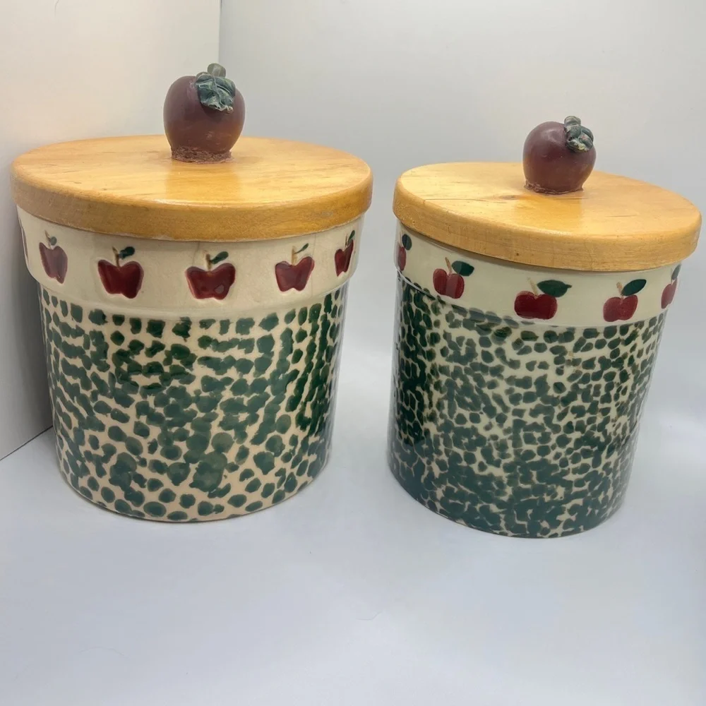 Vintage 90’s Country Apple Green Spongeware Stoneware Crocks/Canisters-set of 2